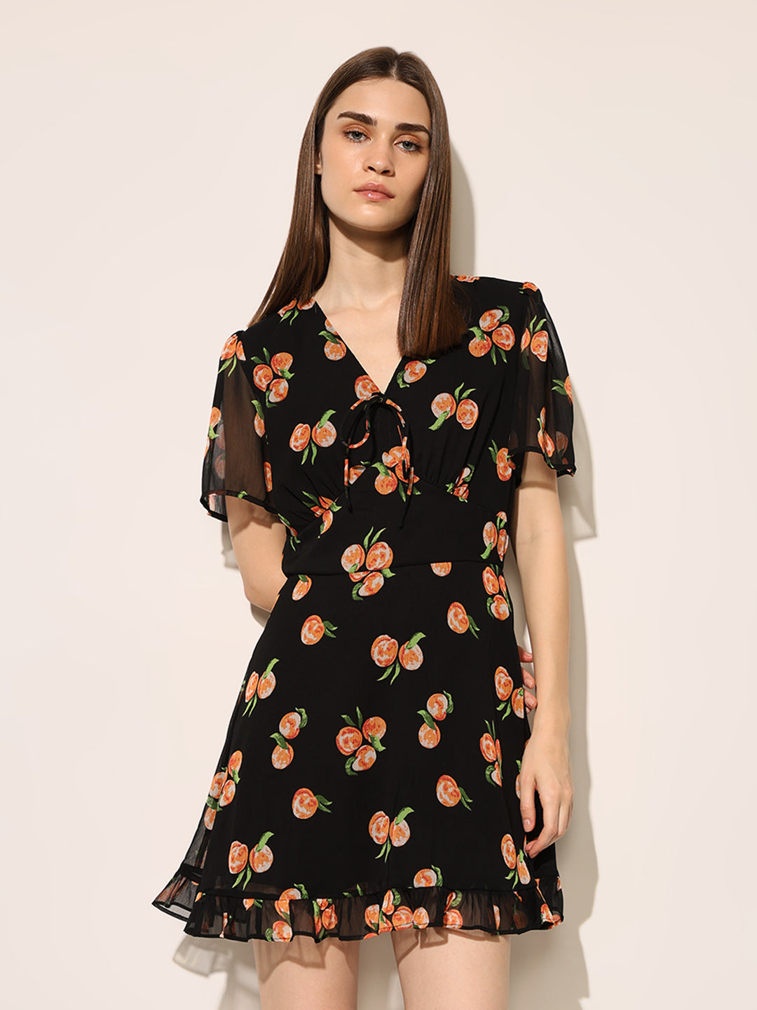 Black Printed V Neck Dress