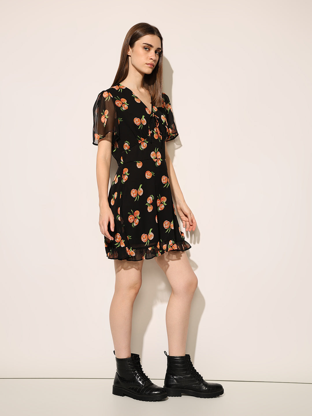 Black Printed V Neck Dress