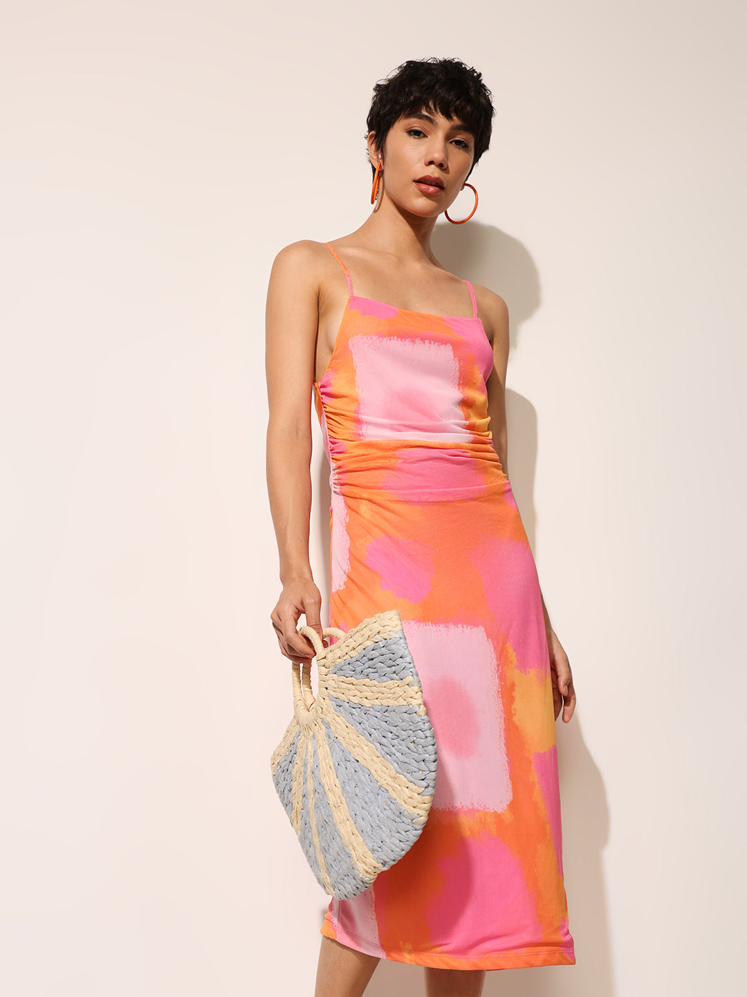 Orange Printed Strappy Midi Dress
