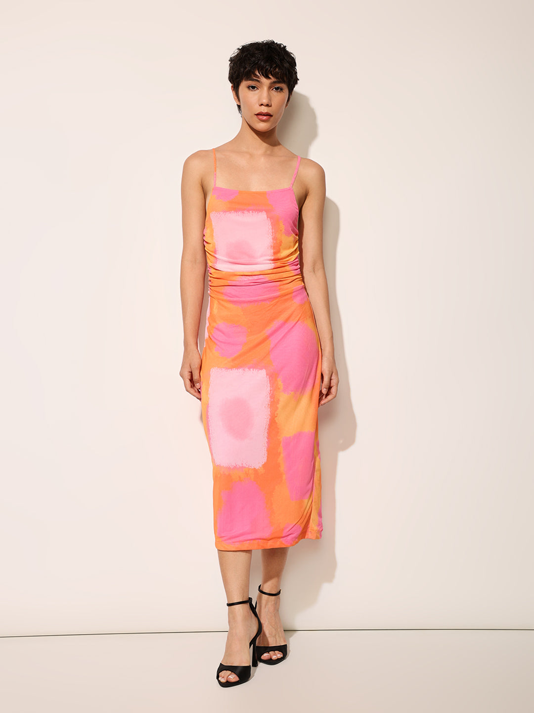 Orange Printed Strappy Midi Dress