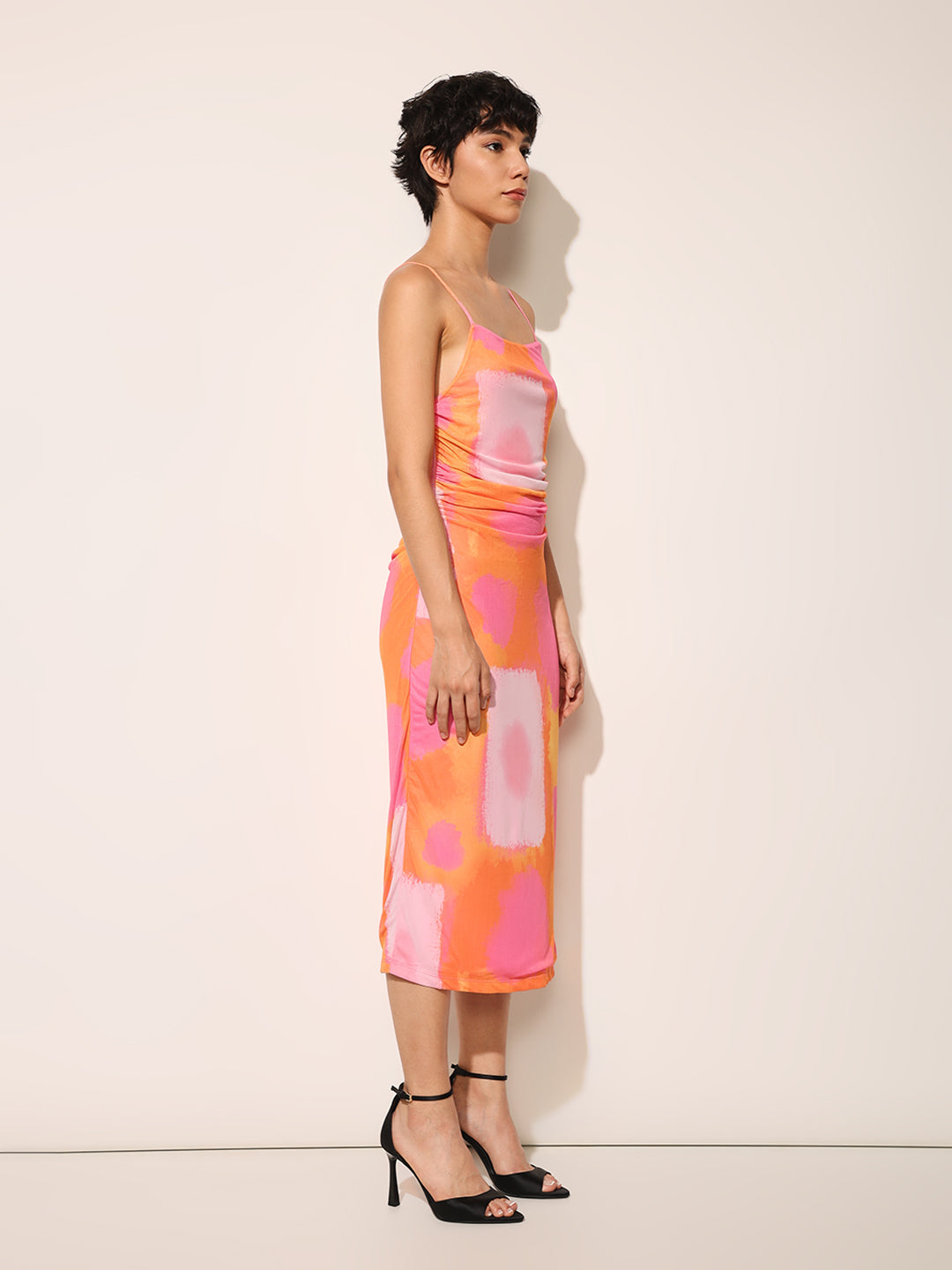 Orange Printed Strappy Midi Dress