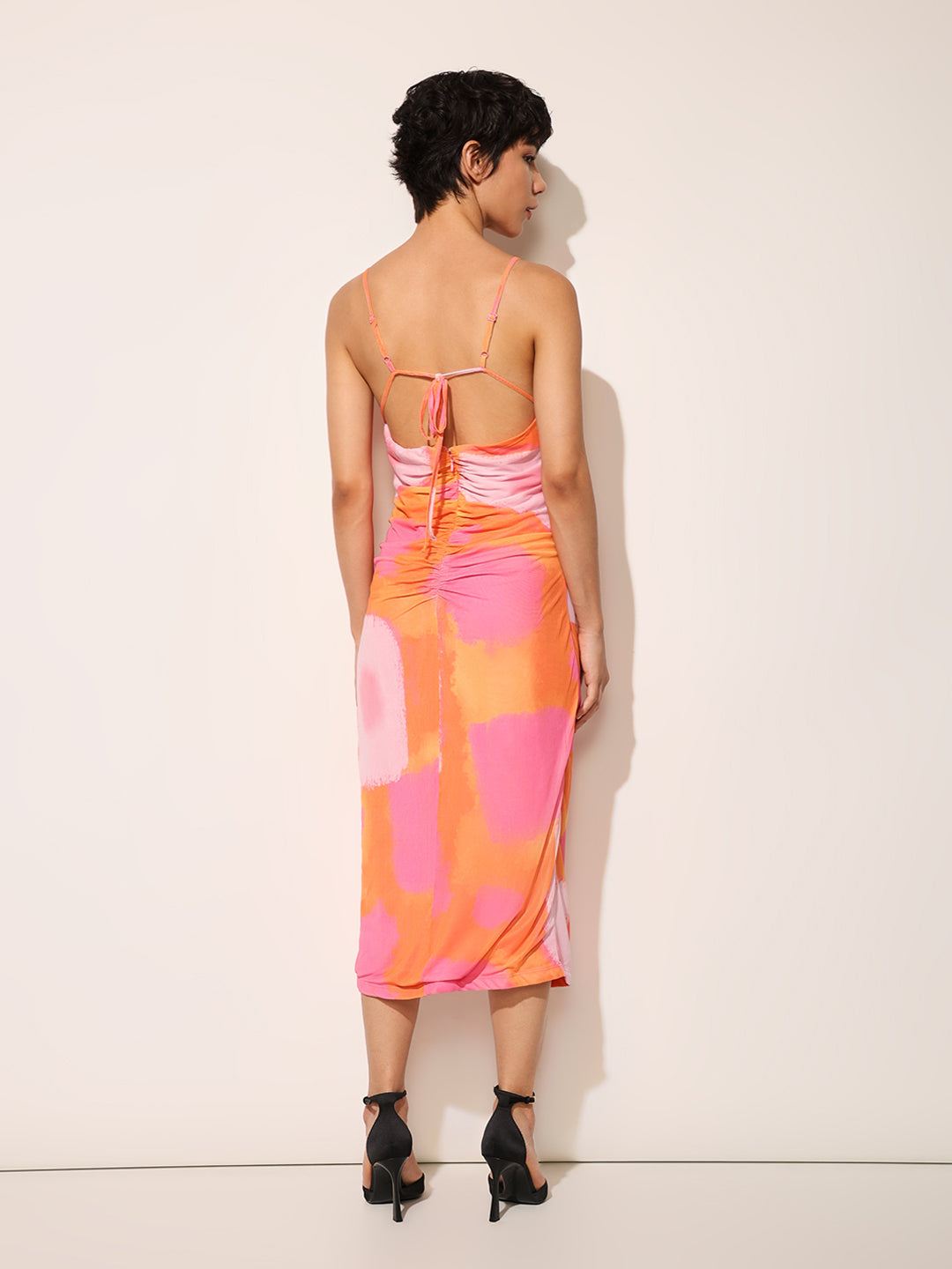 Orange Printed Strappy Midi Dress