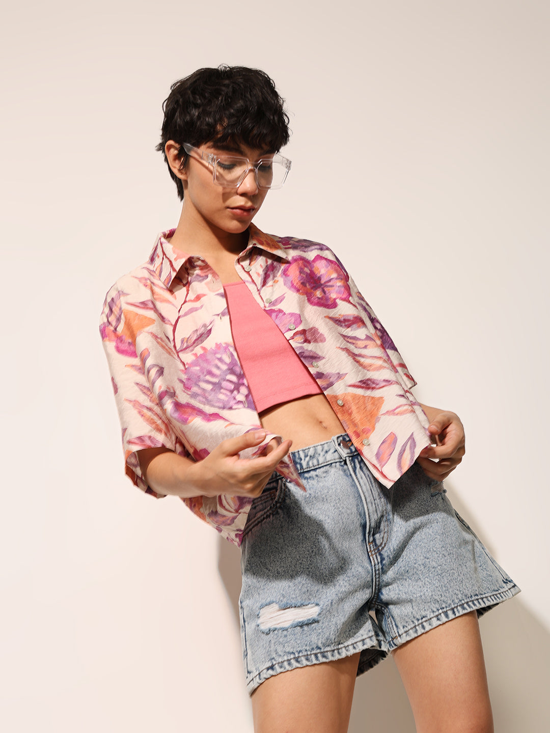 Pink Floral Print Cropped Shirt