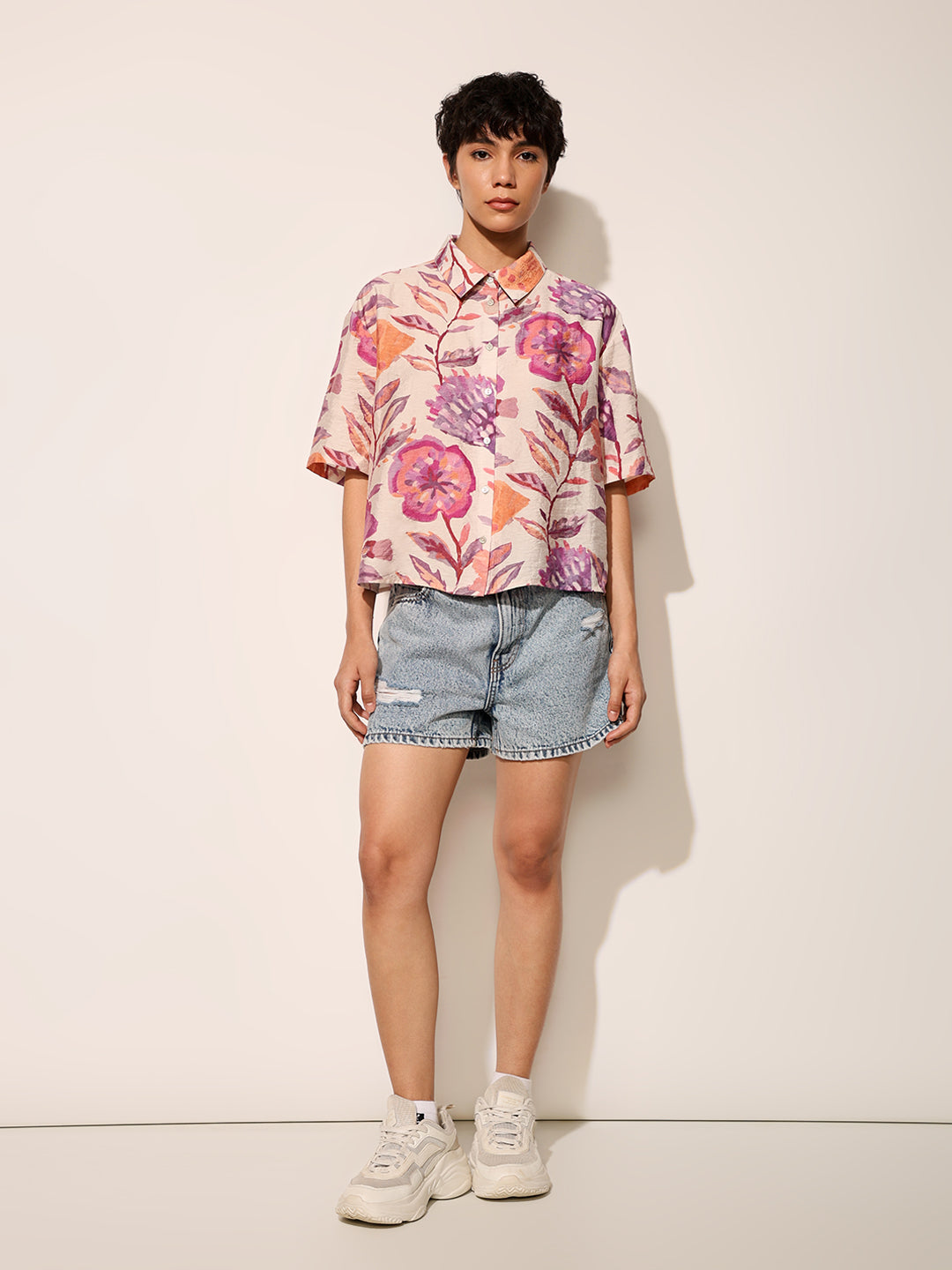 Pink Floral Print Cropped Shirt