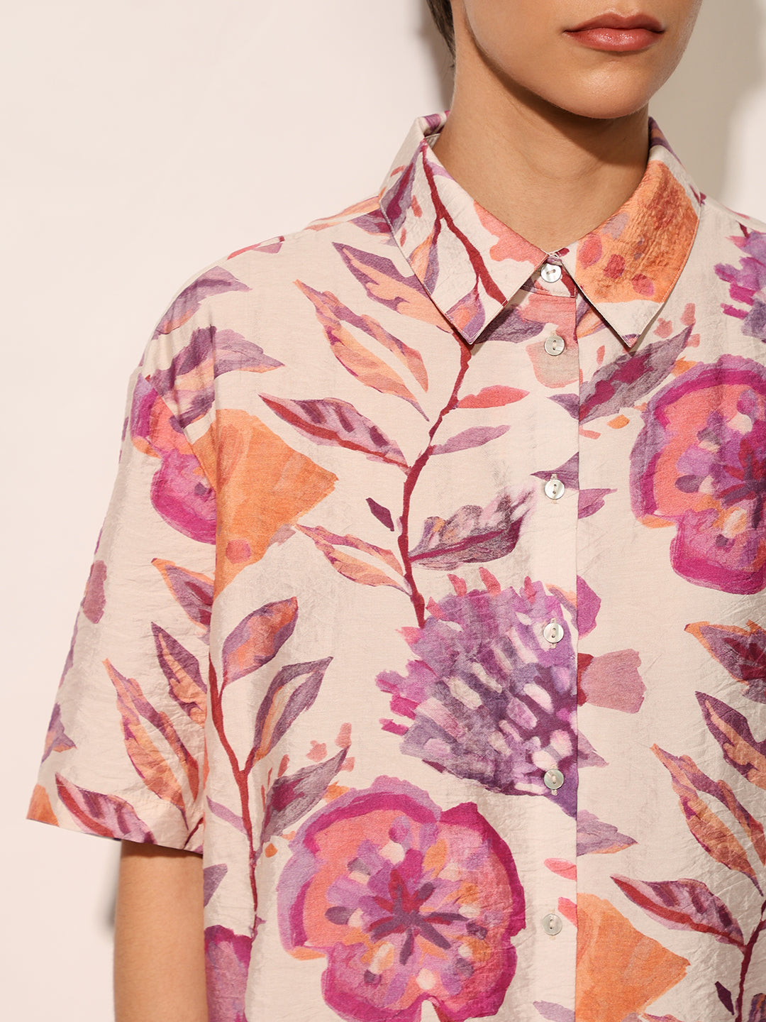 Pink Floral Print Cropped Shirt