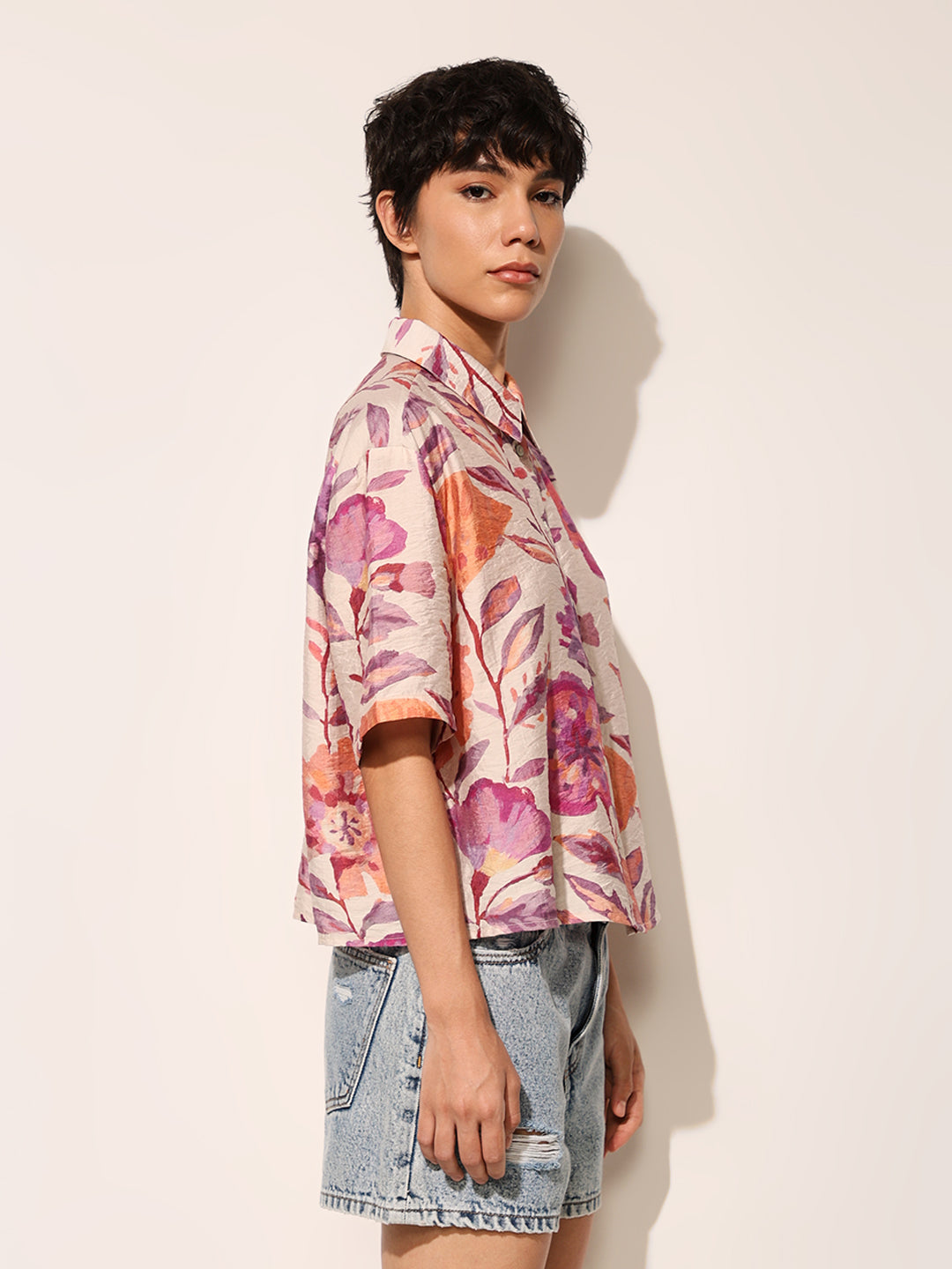 Pink Floral Print Cropped Shirt