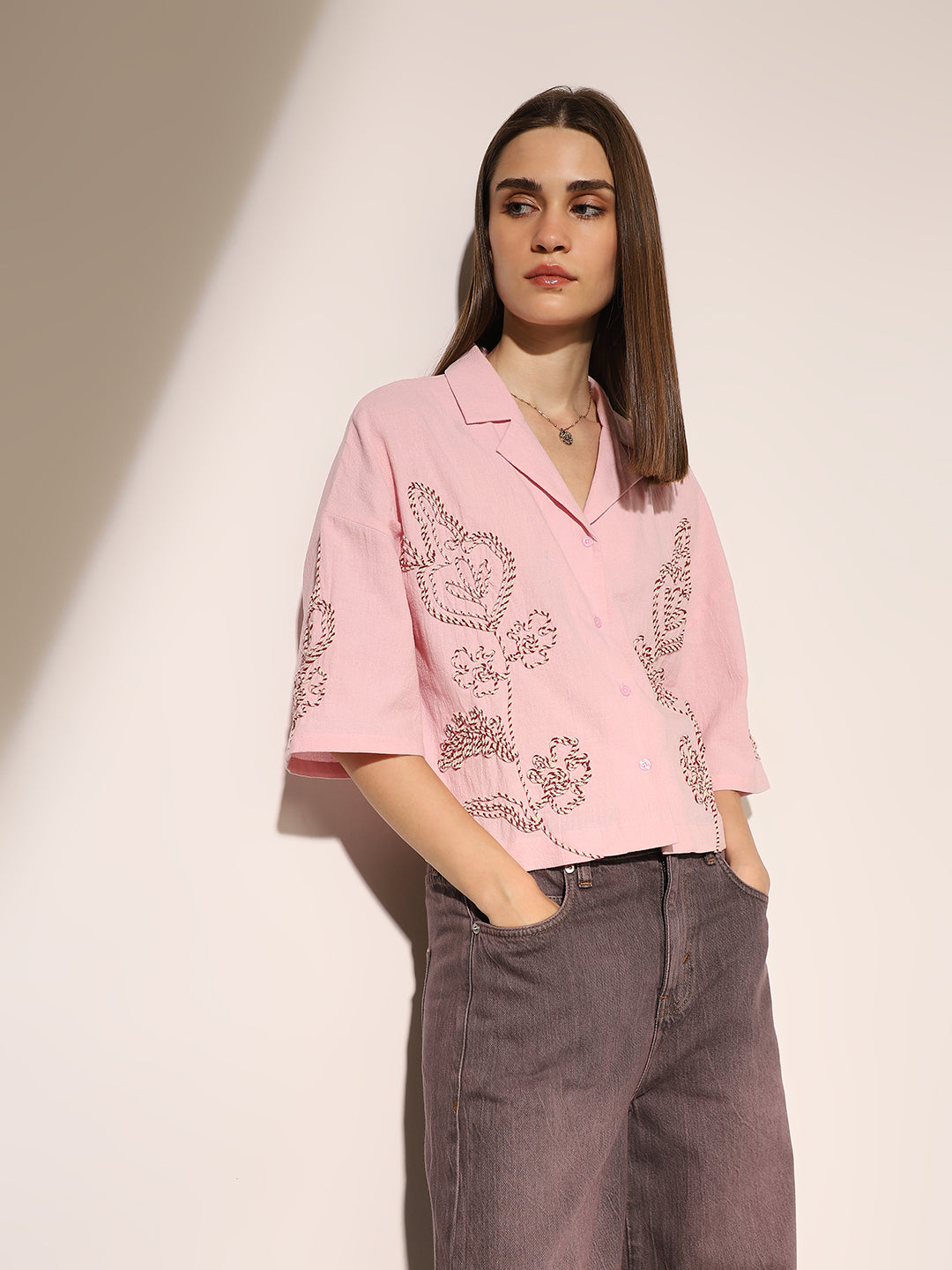 Pink Embroidered Cropped Shirt