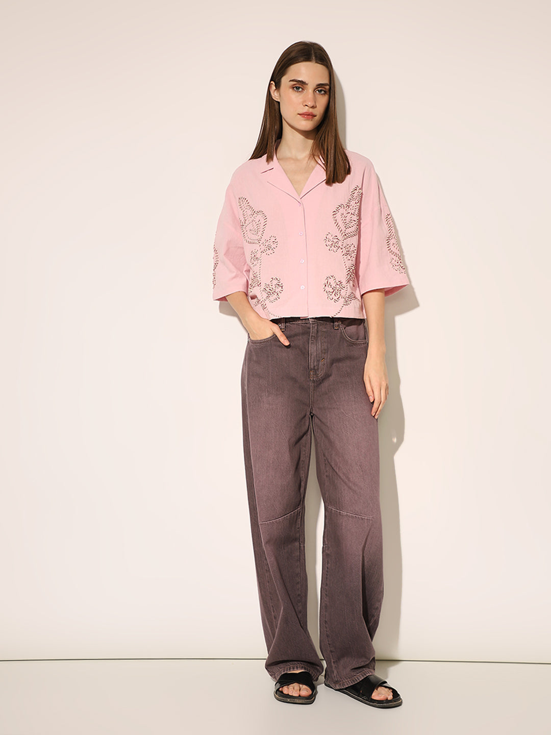 Pink Embroidered Cropped Shirt