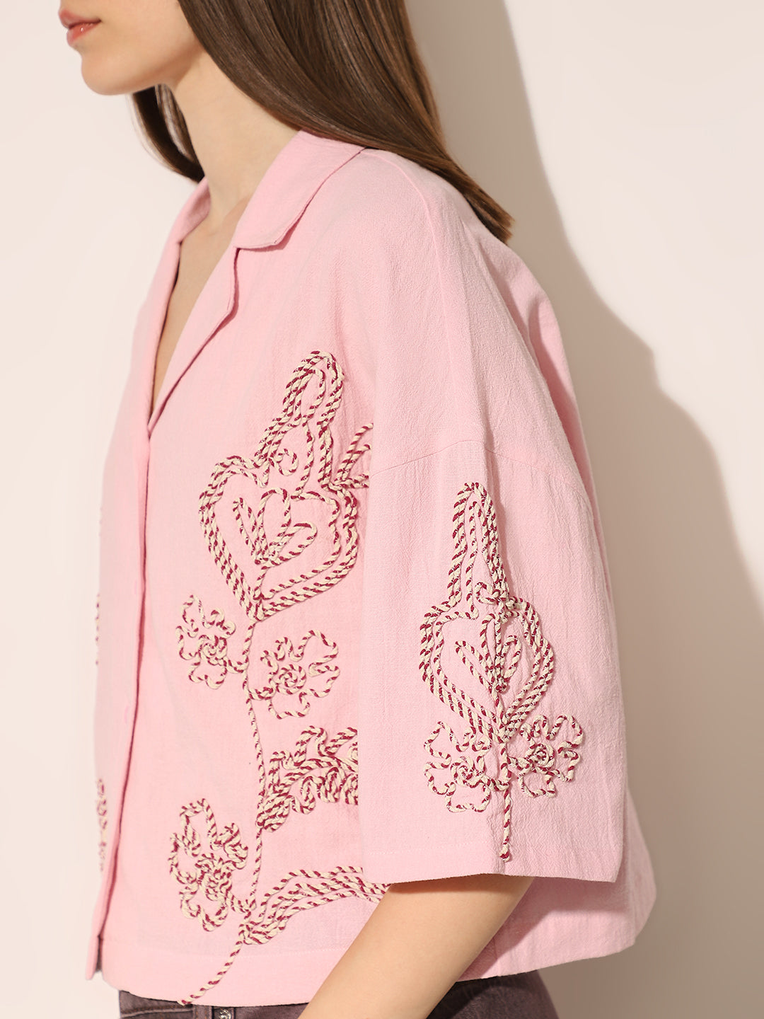 Pink Embroidered Cropped Shirt