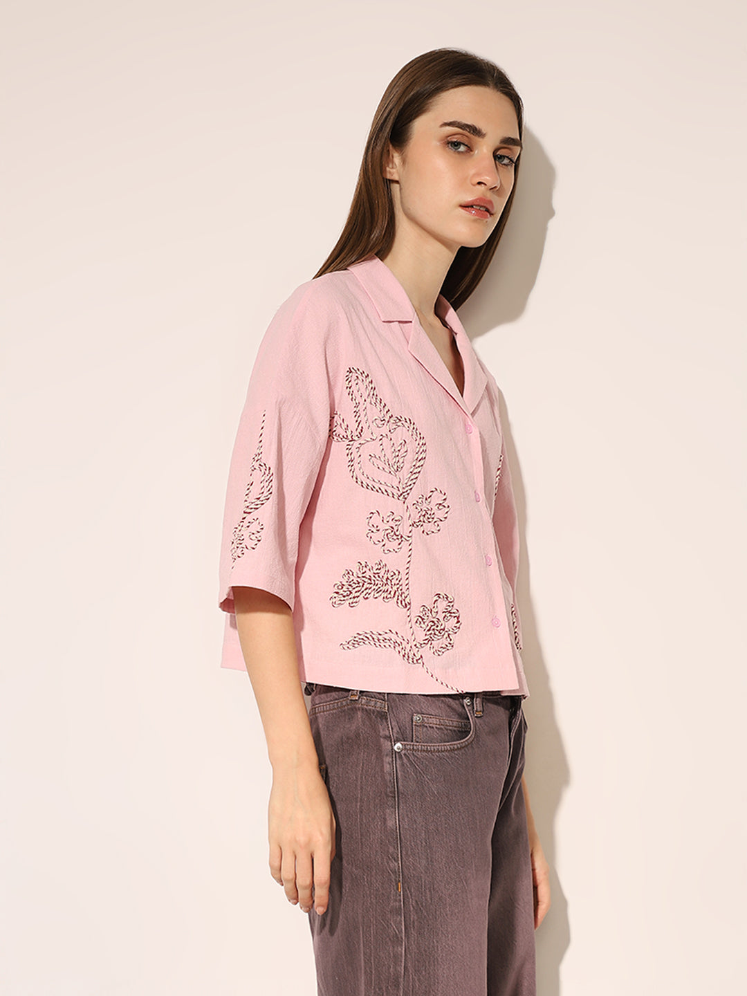 Pink Embroidered Cropped Shirt