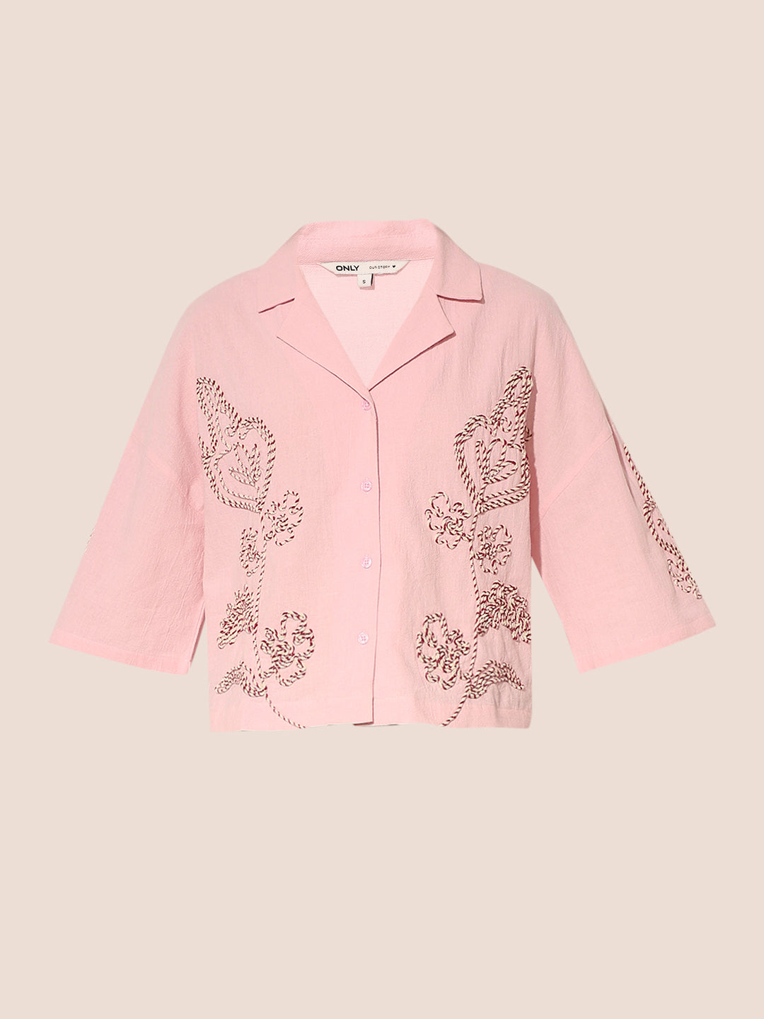 Pink Embroidered Cropped Shirt