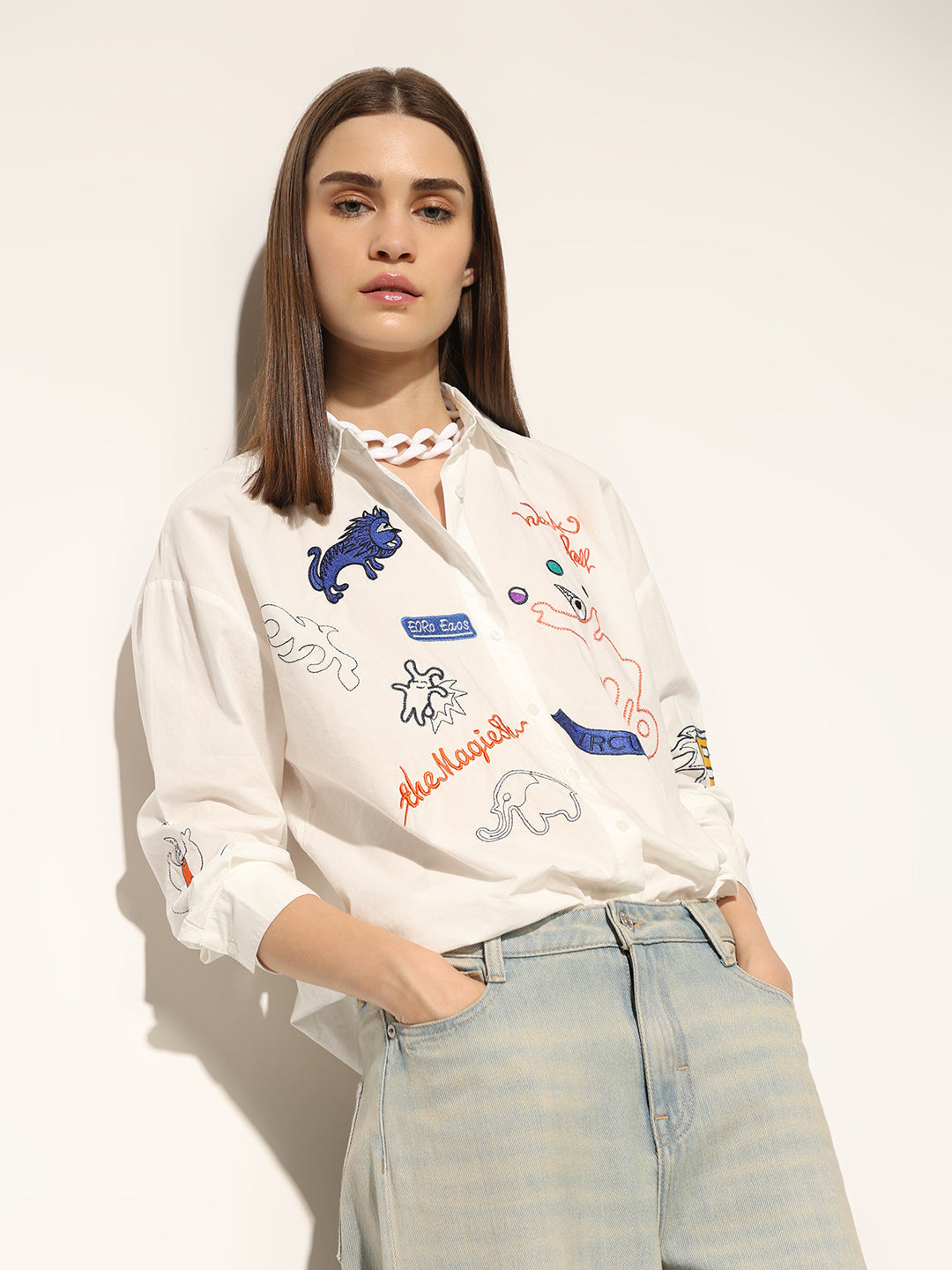 White Embroidered Cotton Shirt
