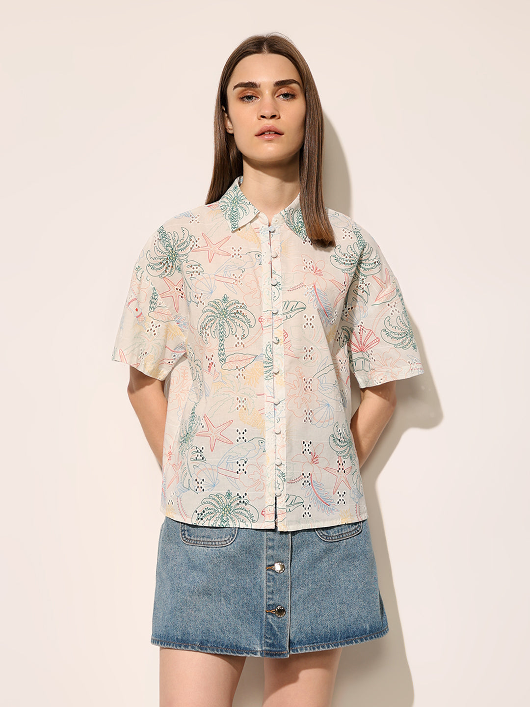 White Printed Cotton Shirt
