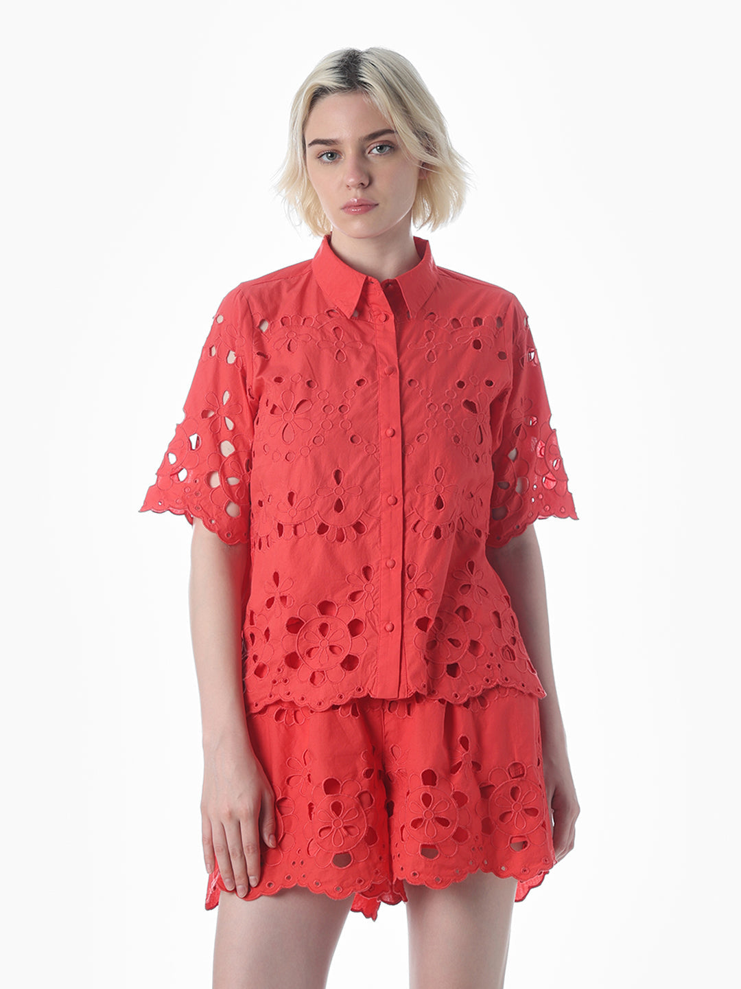Red Cut-Work Cotton Shirt