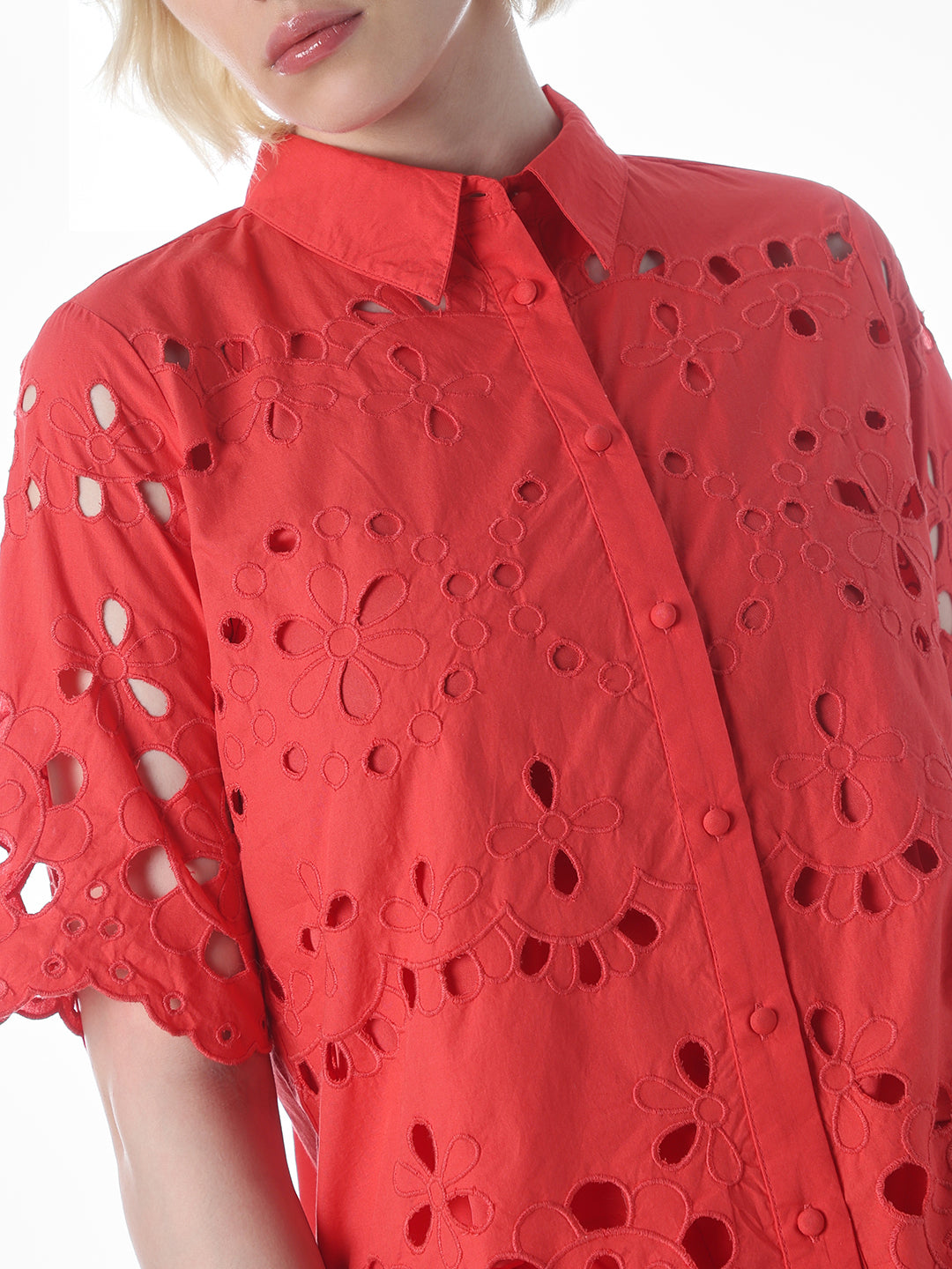 Red Cut-Work Cotton Shirt