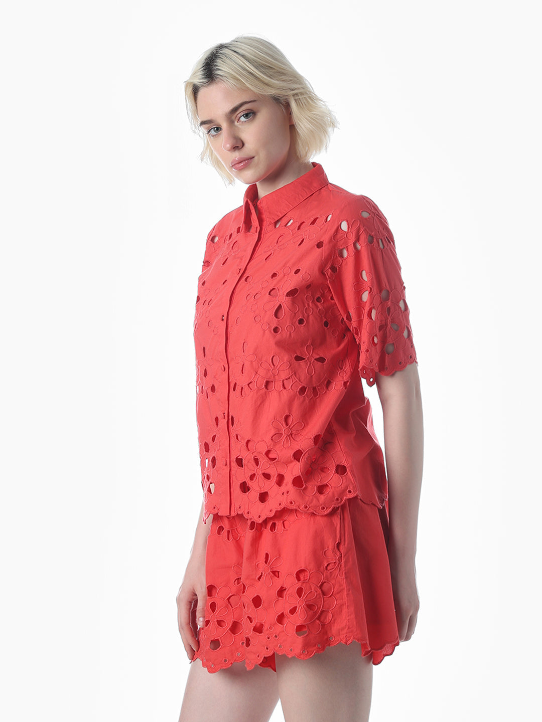Red Cut-Work Cotton Shirt