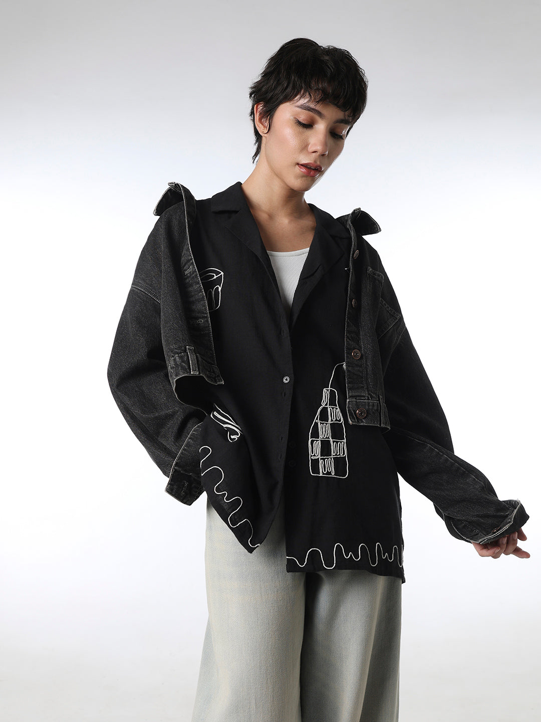 Black Cotton Embroidered Shirt