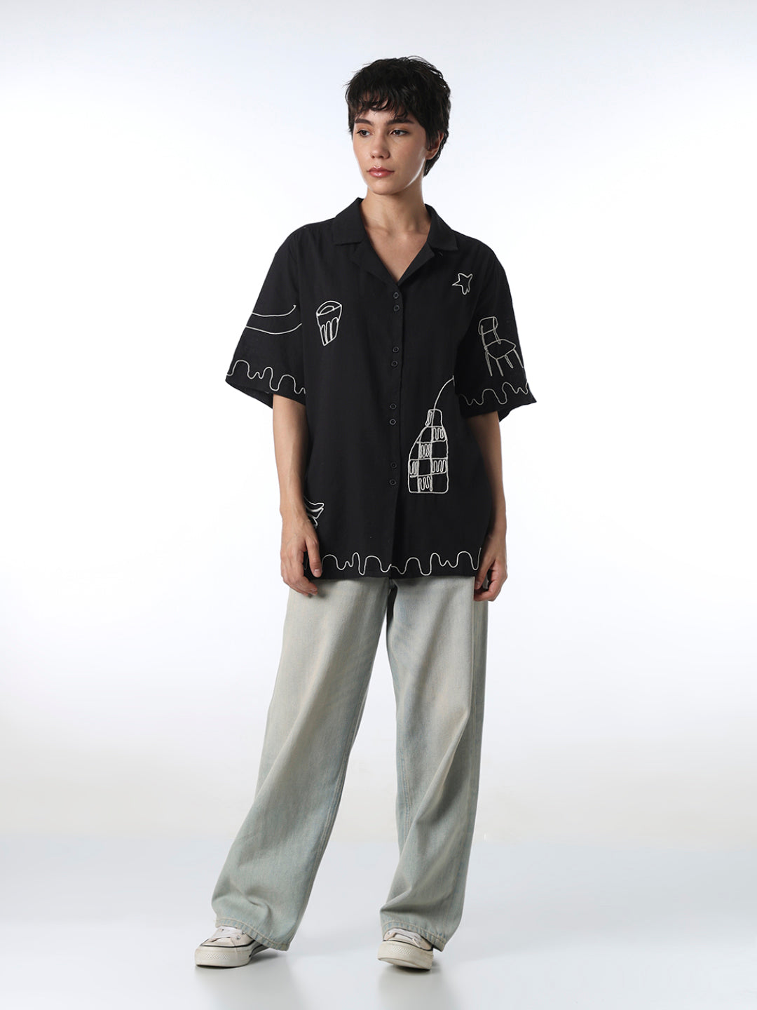Black Cotton Embroidered Shirt