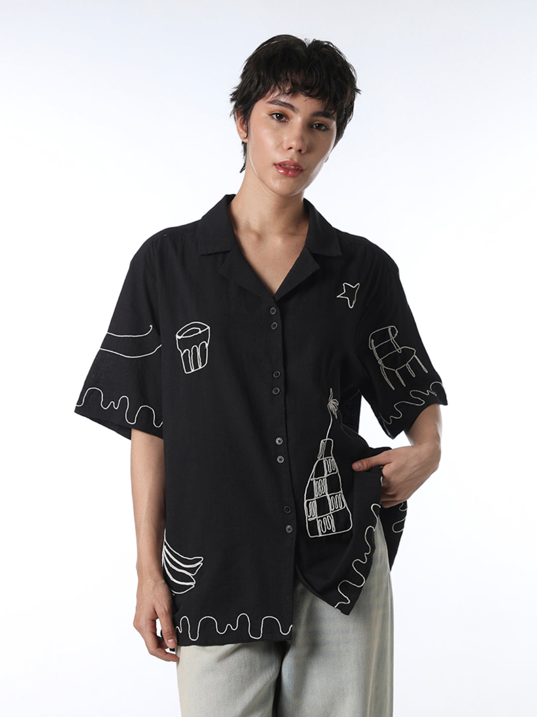Black Cotton Embroidered Shirt