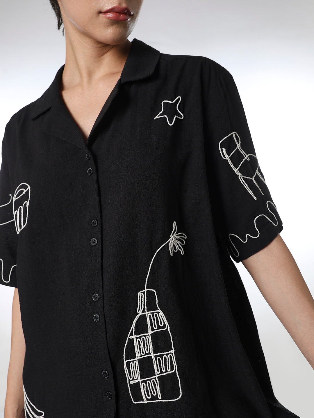 Black Cotton Embroidered Shirt