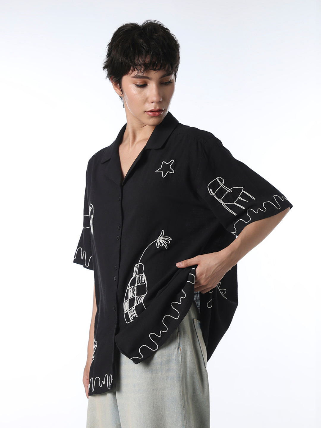 Black Cotton Embroidered Shirt