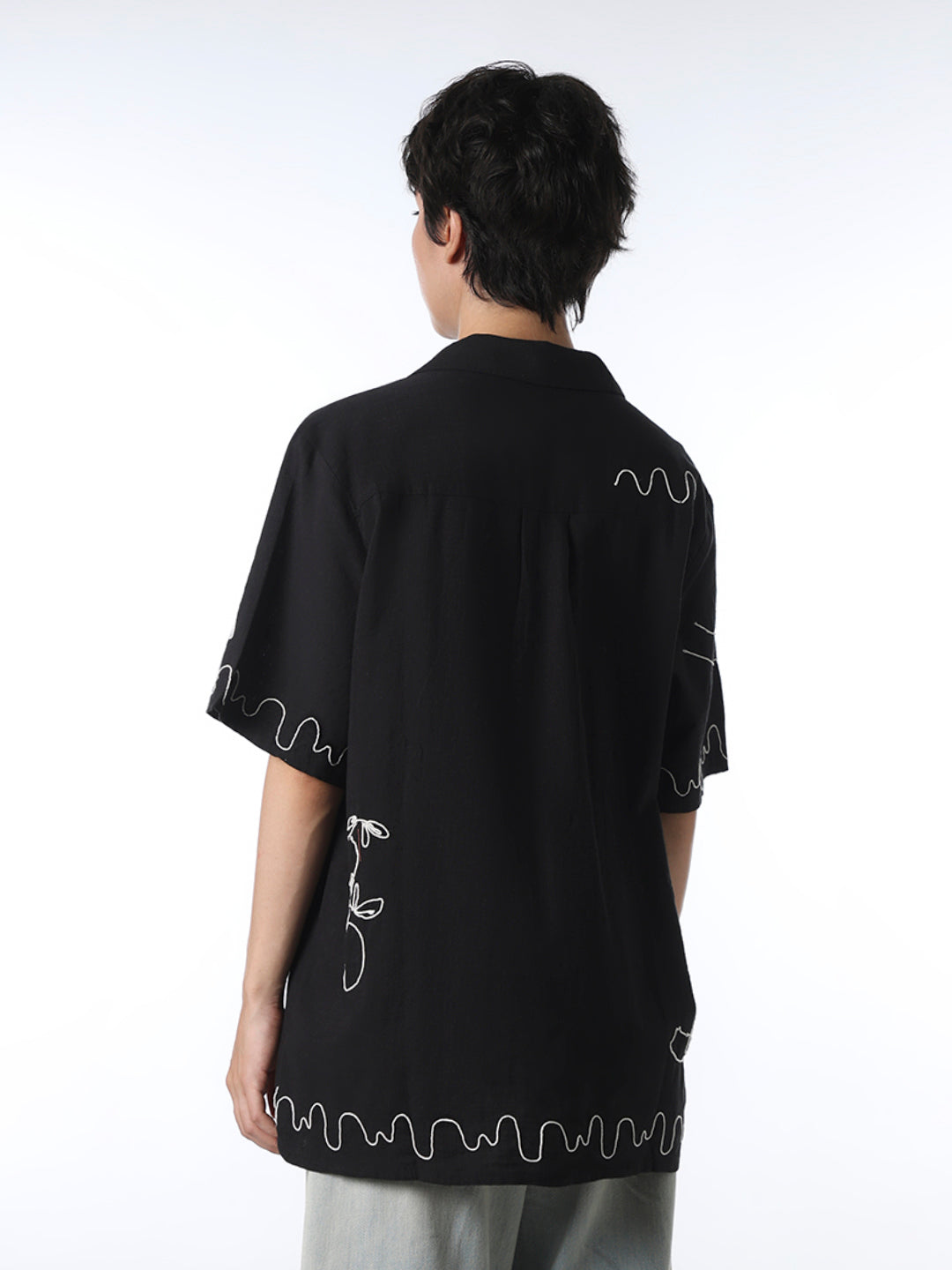 Black Cotton Embroidered Shirt