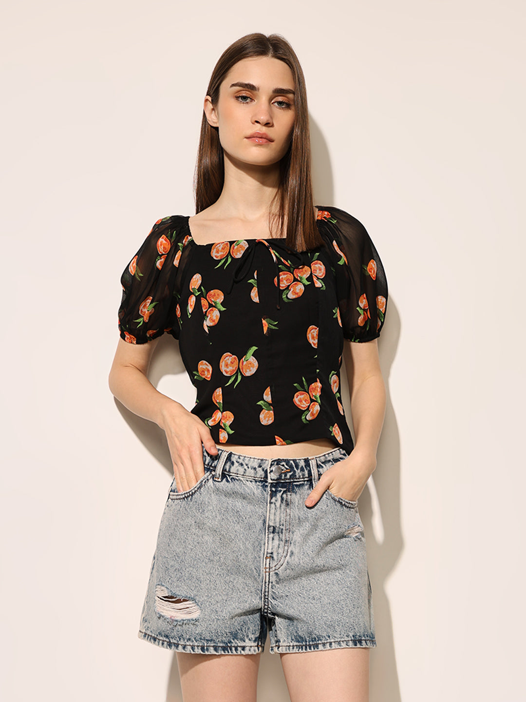 Black Printed Square Neck Top