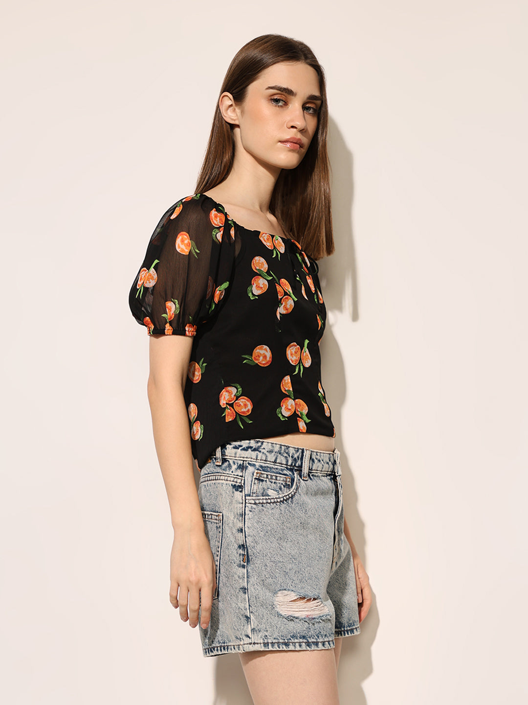 Black Printed Square Neck Top