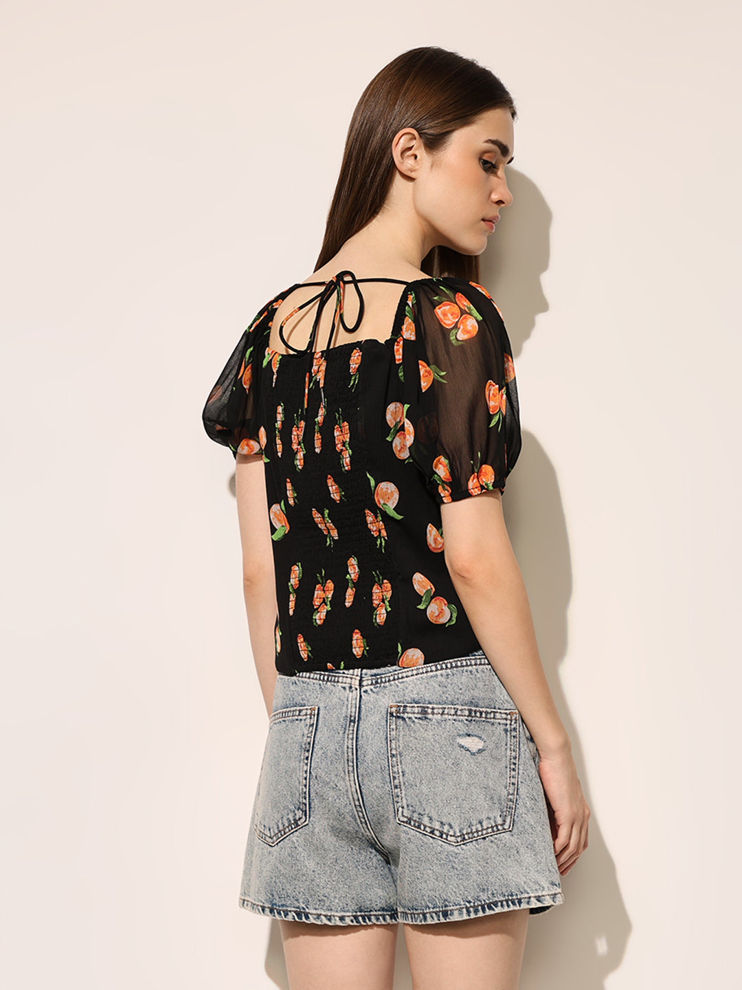 Black Printed Square Neck Top