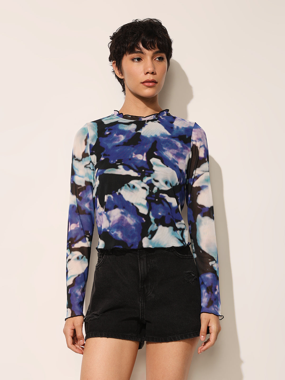 Blue Printed Cropped Mesh Top
