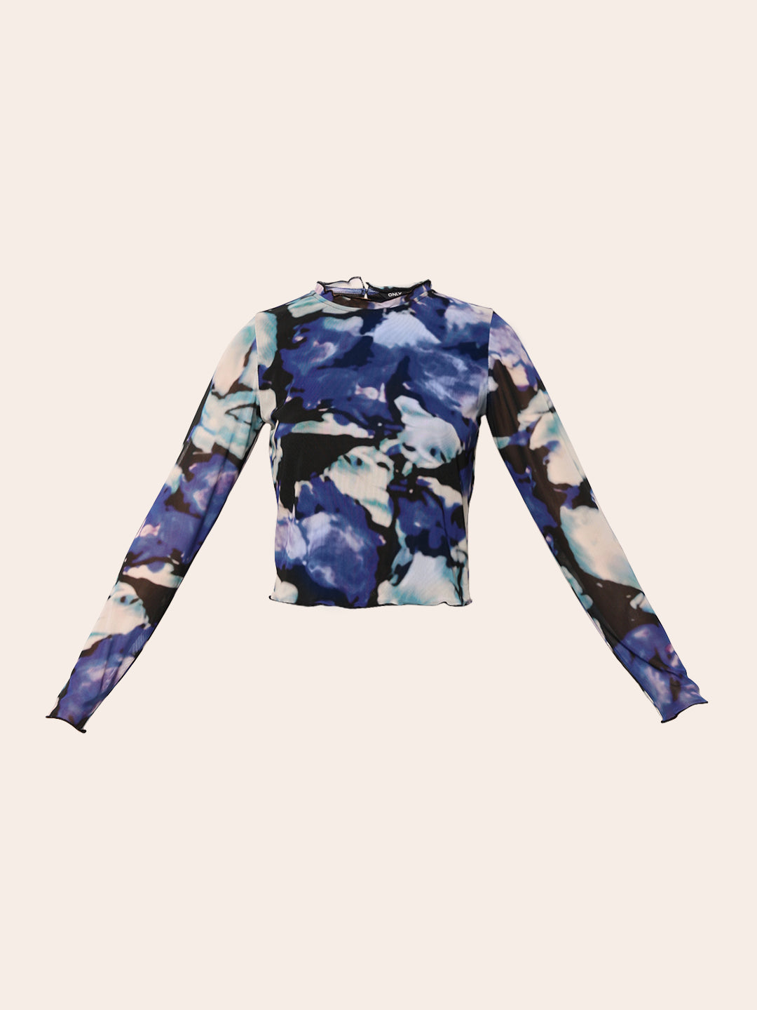 Blue Printed Cropped Mesh Top