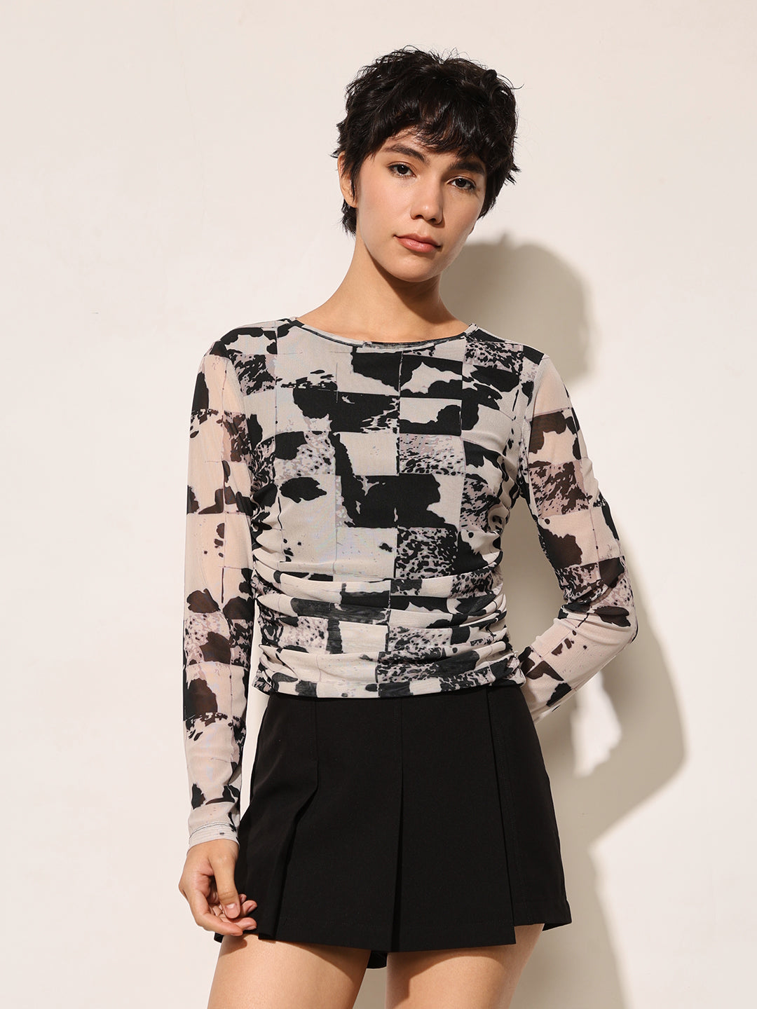 Black Printed Cropped Mesh Top