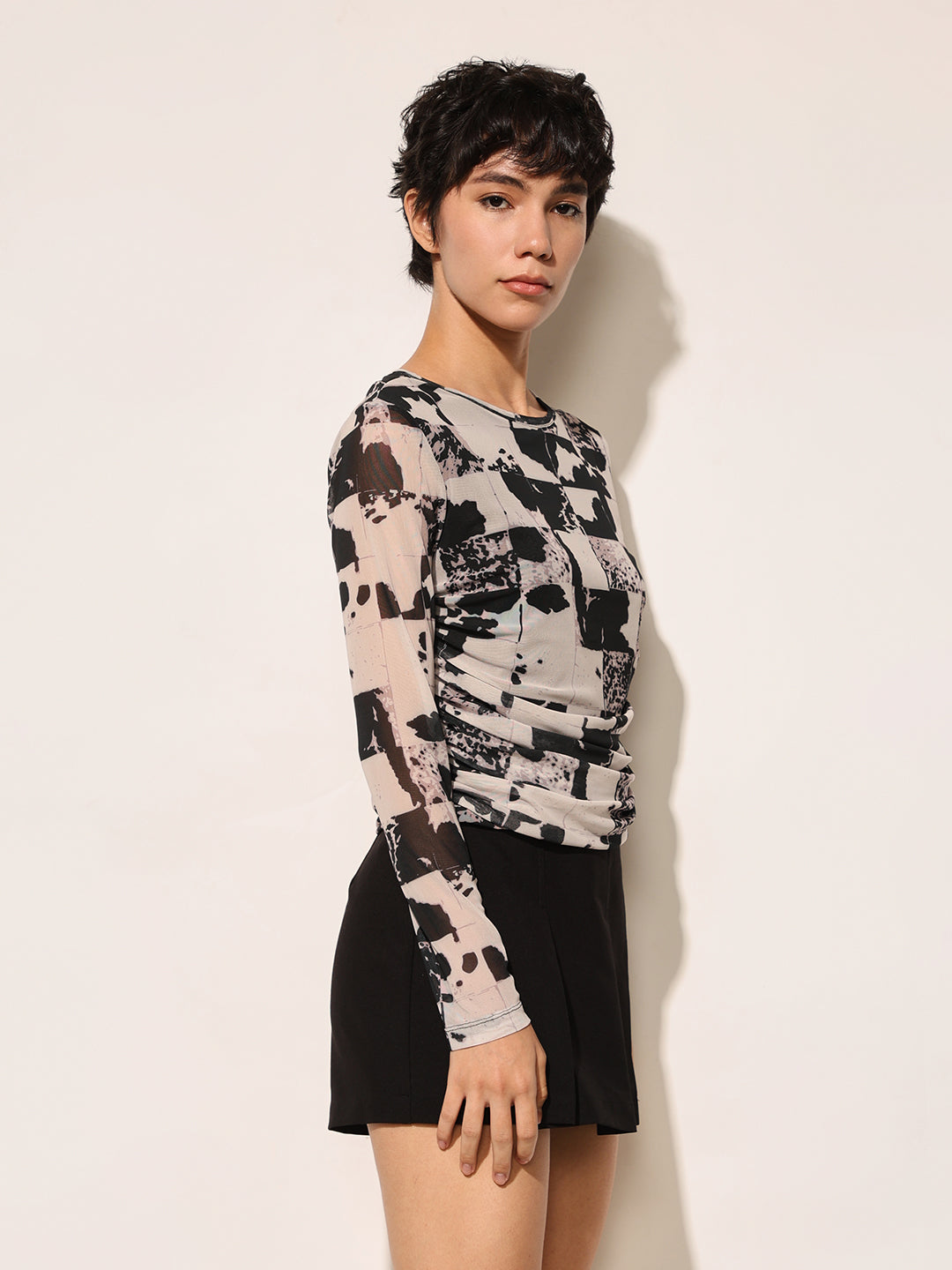 Black Printed Cropped Mesh Top