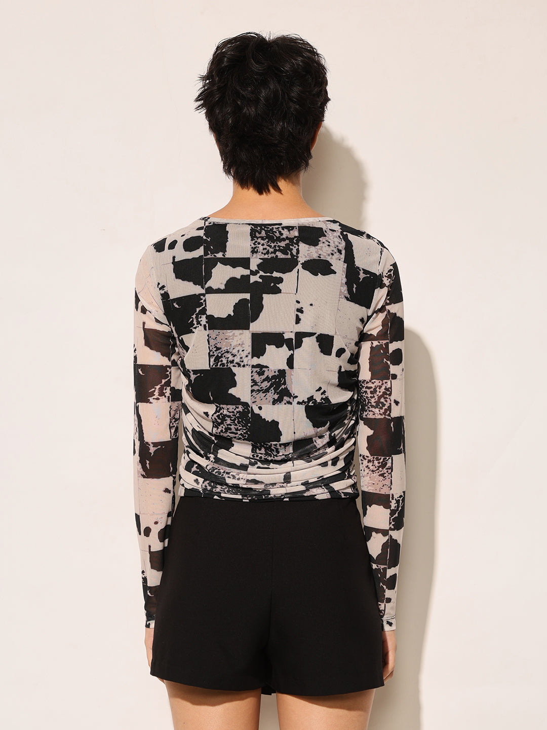 Black Printed Cropped Mesh Top