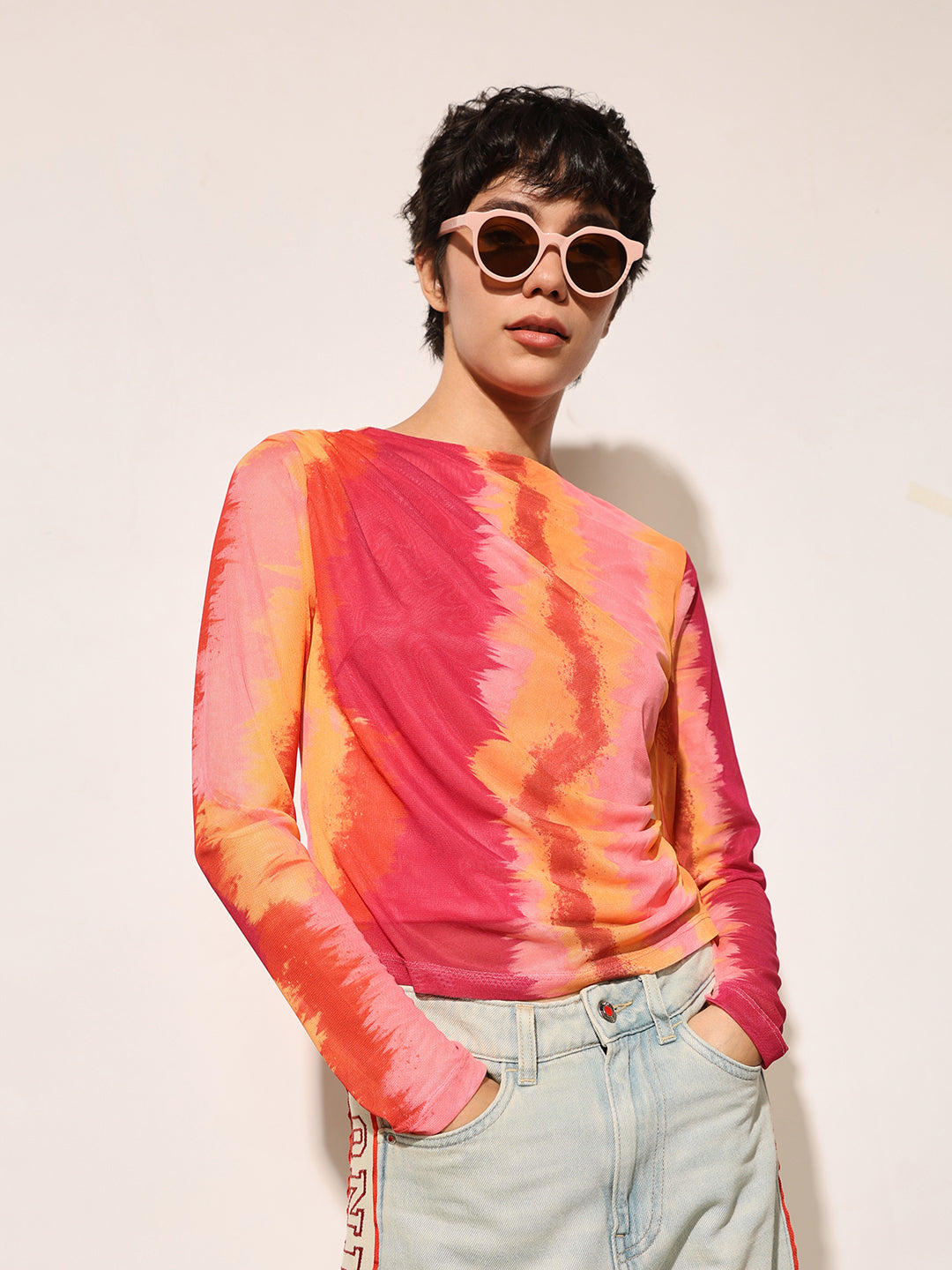 Multi-Colour Printed Cropped Mesh Top