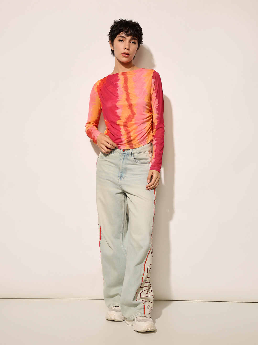 Multi-Colour Printed Cropped Mesh Top