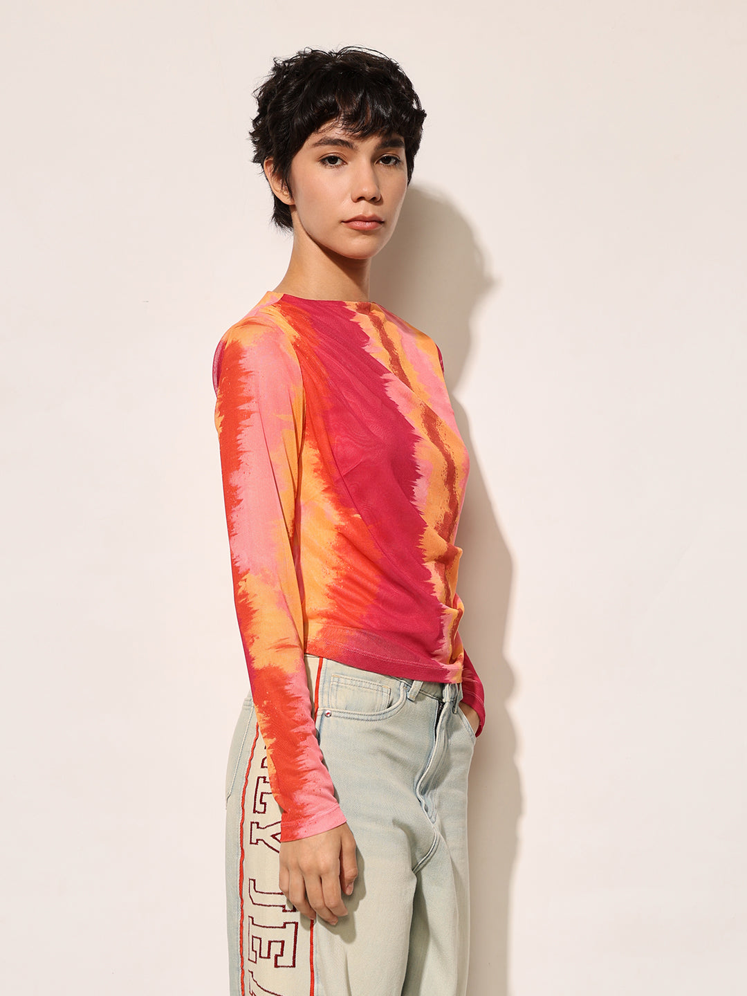 Multi-Colour Printed Cropped Mesh Top