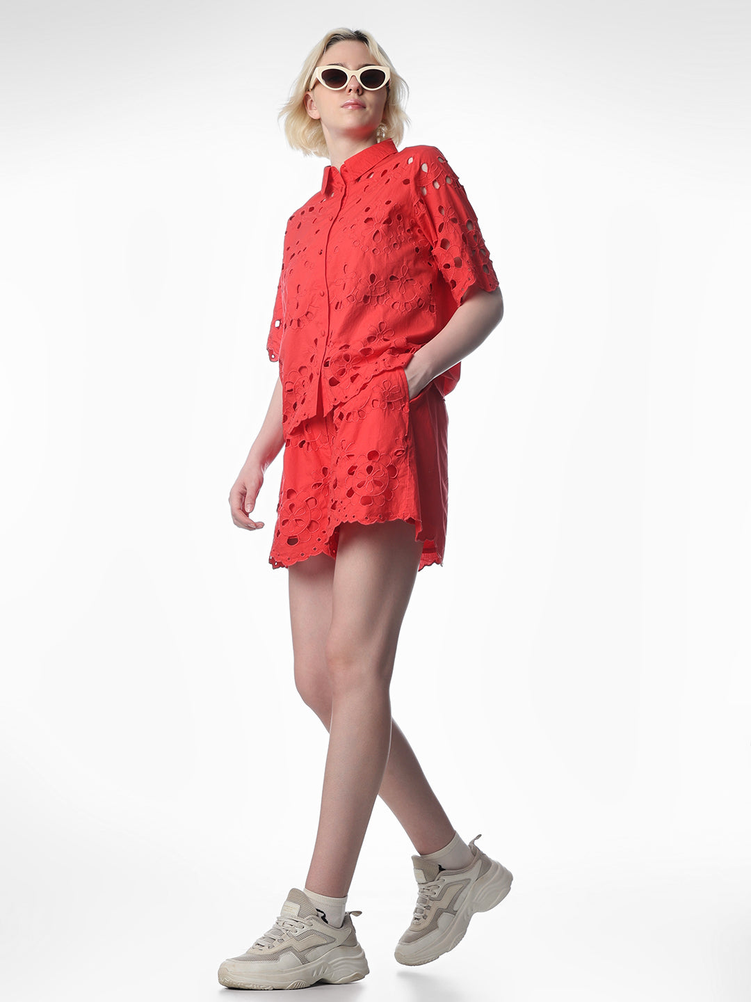 Red Cut-Work Bermuda Shorts