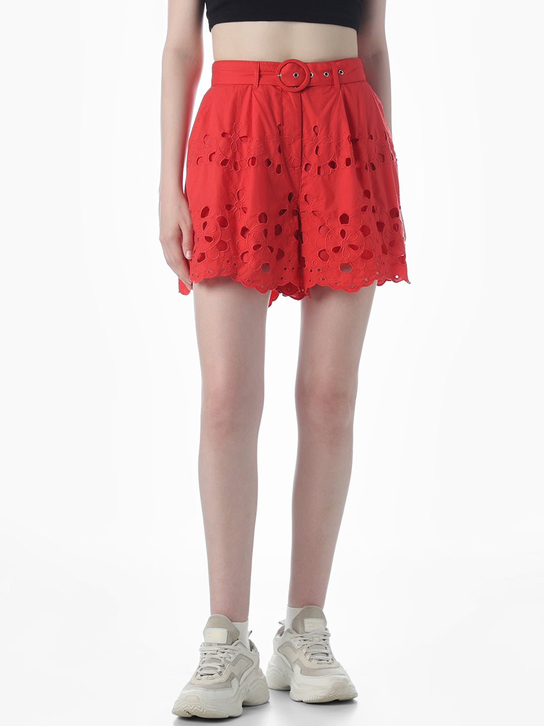 Red Cut-Work Bermuda Shorts