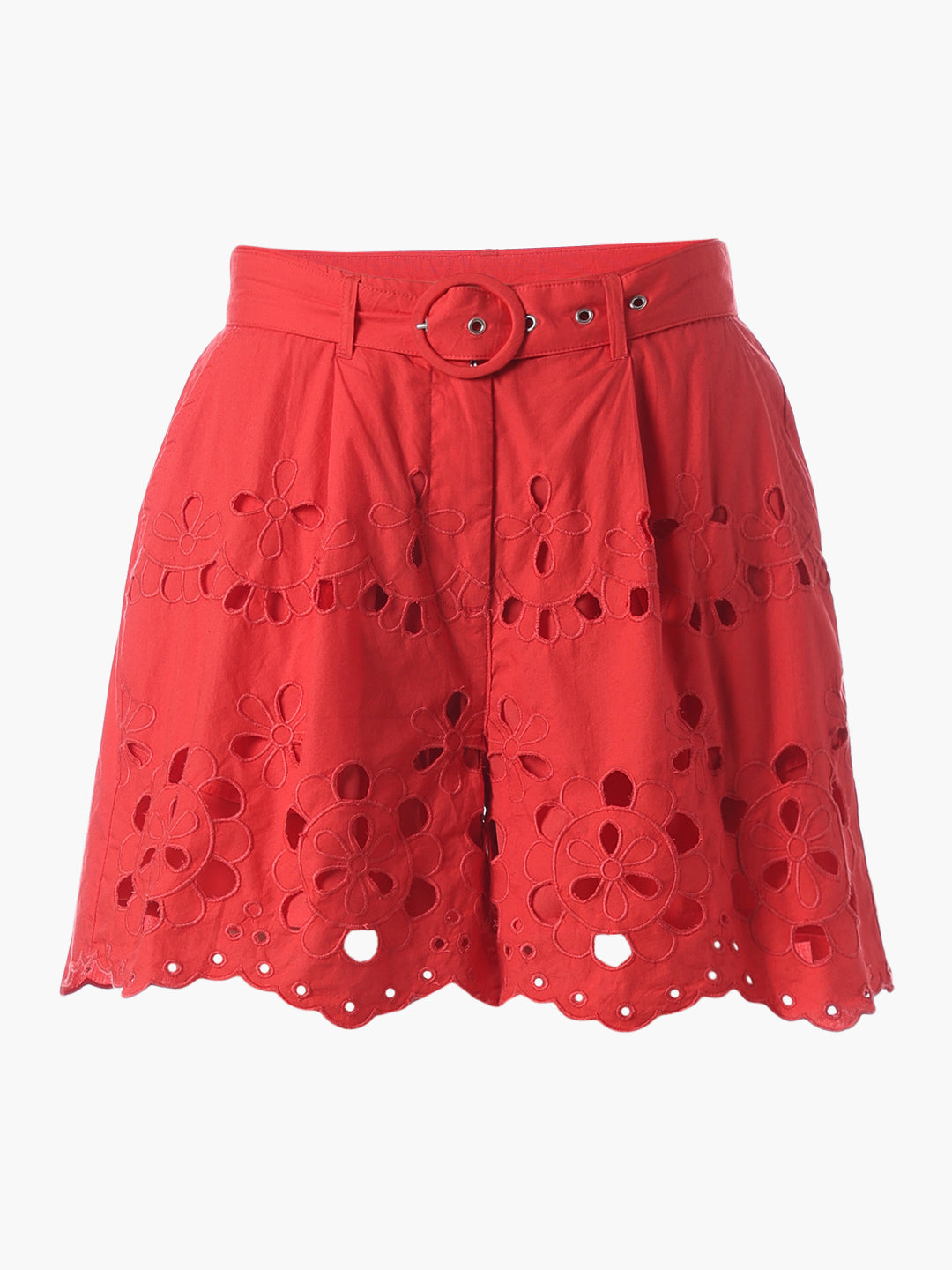 Red Cut-Work Bermuda Shorts
