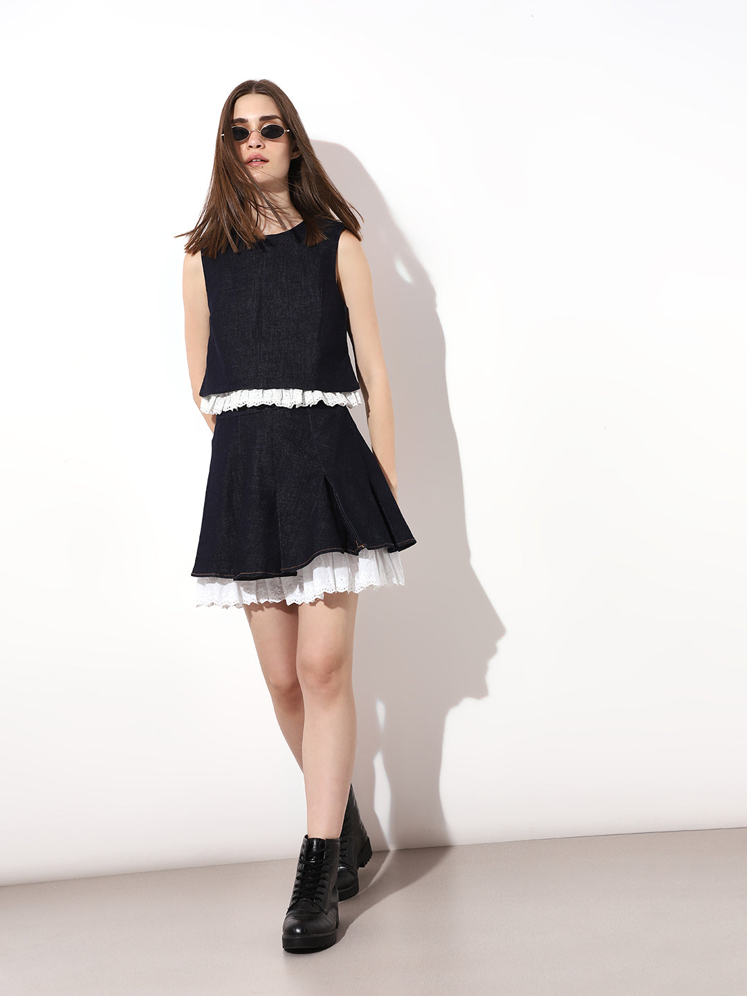 Dark Blue Pleated Denim Skirt