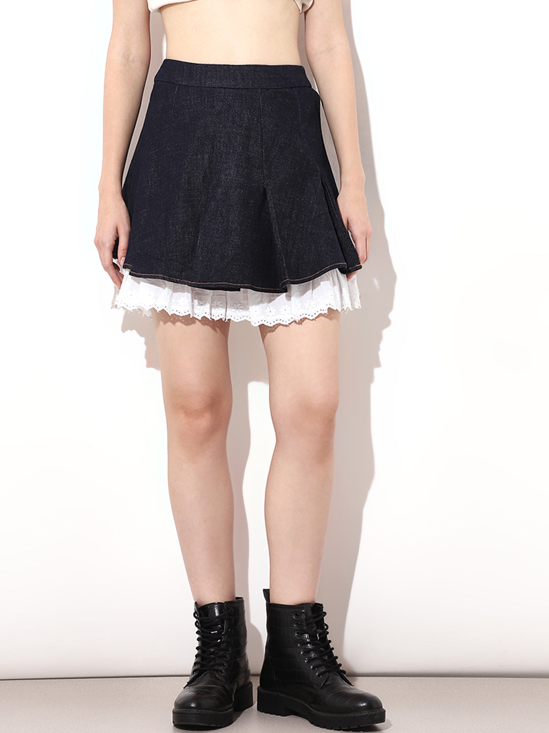 Dark Blue Pleated Denim Skirt
