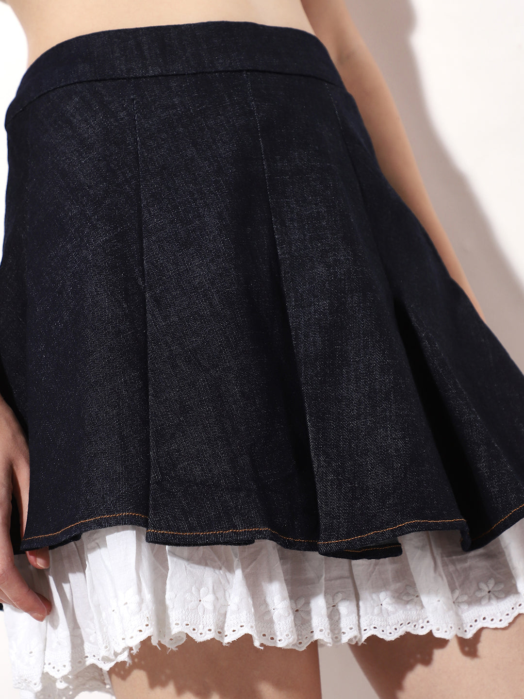 Dark Blue Pleated Denim Skirt