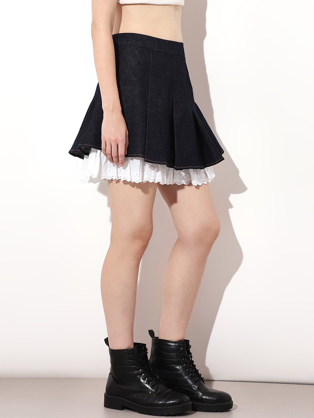 Dark Blue Pleated Denim Skirt