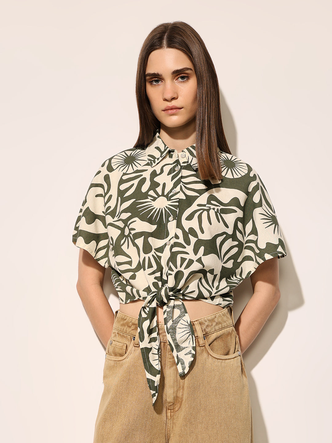 Green Printed Cropped Shirt