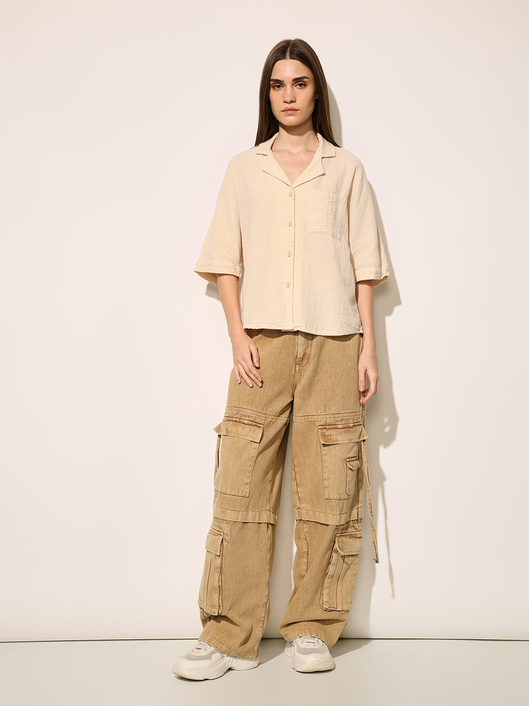 Beige Boxy Fit Cotton Shirt