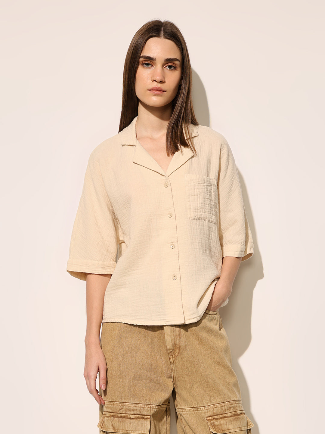 Beige Boxy Fit Cotton Shirt