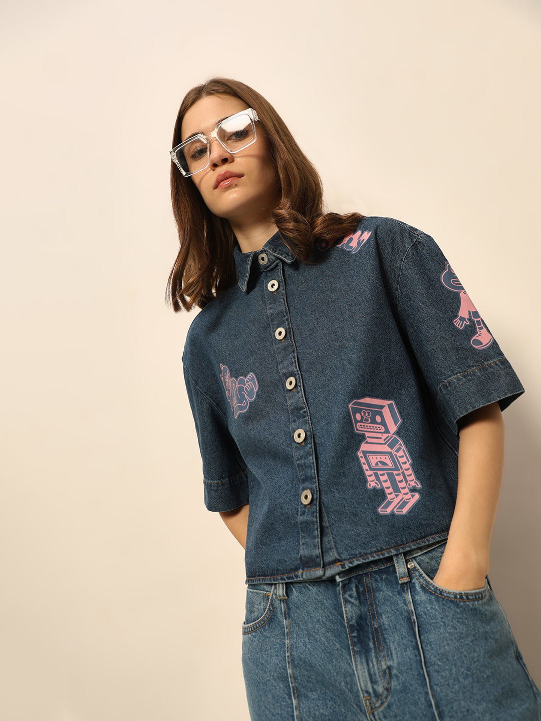 Dirty Pote Blue Printed Denim Shirt