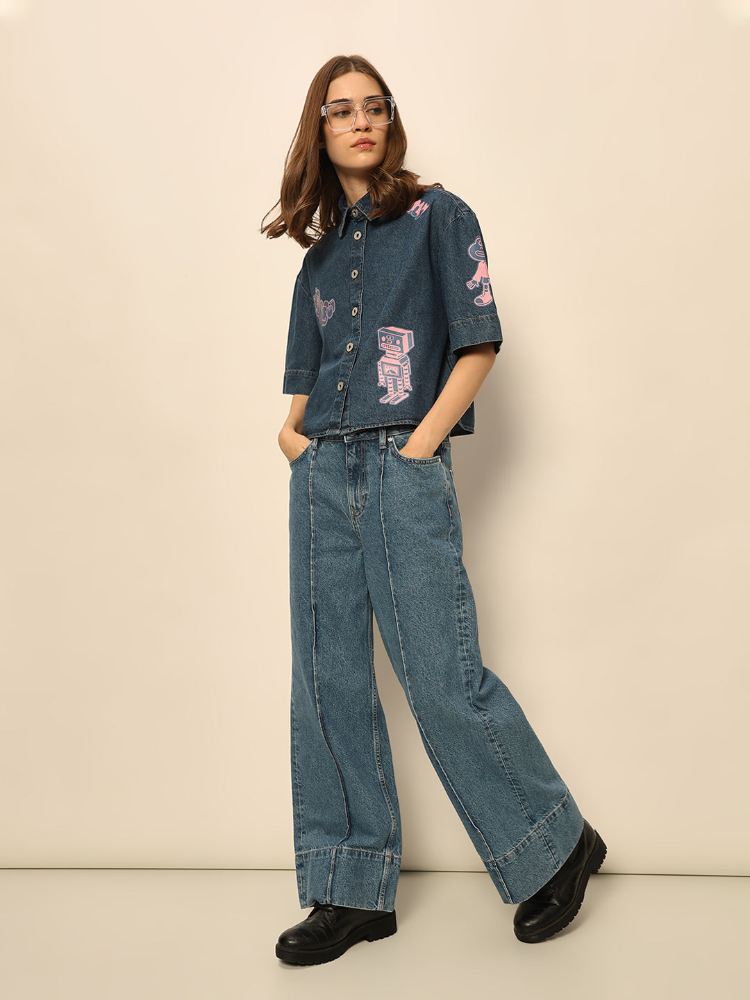 Dirty Pote Blue Printed Denim Shirt