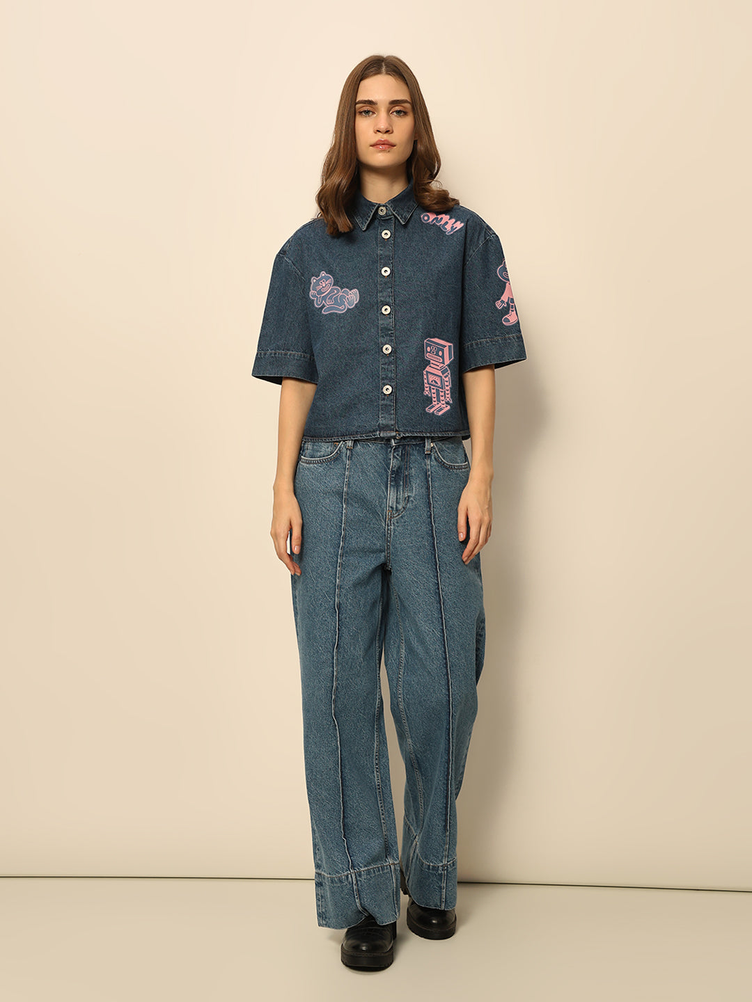 Dirty Pote Blue Printed Denim Shirt